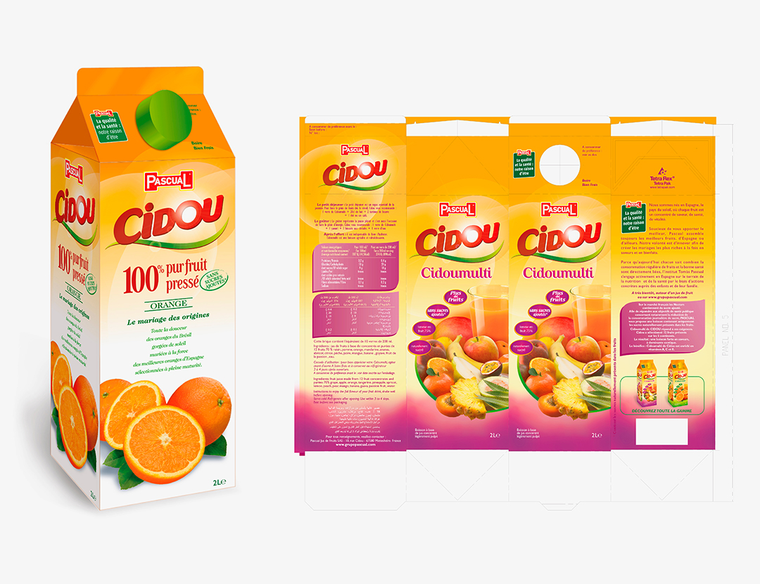 Exécution des packagings de la gamme jus de fruits Cidou